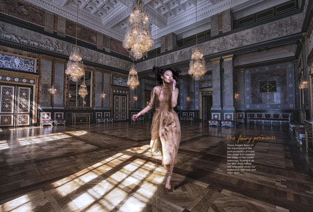 Woman dancing in an opulent ballroom with chandeliers and intricate decor.